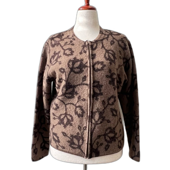 SKYR Norwegian Womens Brown Print wool floral grannycore zip front cardigan M - Picture 1 of 5